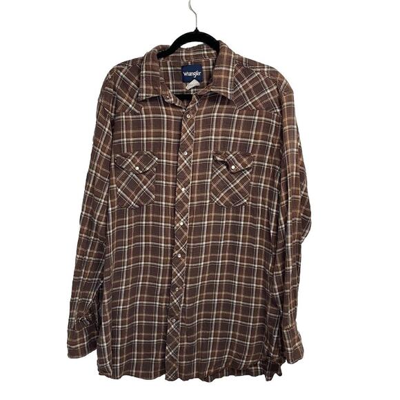 Vintage Wrangler Flannel Pearl Snap Mens 2XL Brown Plaid Rancher Flap Pocket 80s - Picture 1 of 3